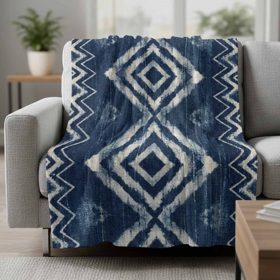 Art Country Fleece Throw Blanket Retro Navy Blue Geometric Chevron Diamond Pattern Ultra Soft Fuzzy Cozy Flannel Throw Blanket for Couch Sofa Bed Car Travel, Ideal Gifts 30x40 Inches