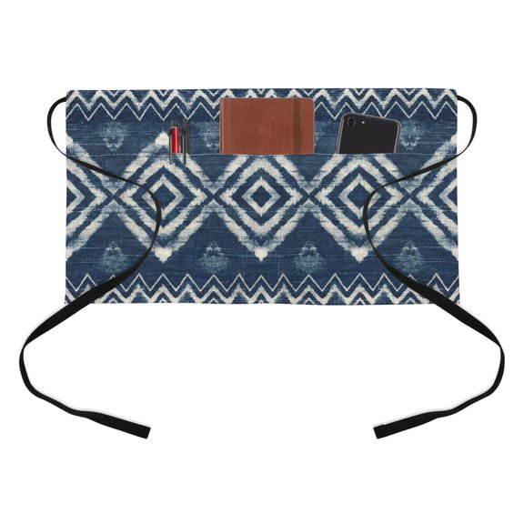 Art Country Half Waist Apron Retro Navy Blue Geometric Chevron Diamond Pattern Short Waiter Aprons with 3 Pockets for Women Men Kitchen Restaurant Cooking