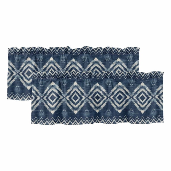 Art Country Valances for Window 2 Pack, Retro Navy Blue Geometric Chevron Diamond Pattern Rod Pocket Curtains Valances Light Filtering Short Curtains for Kitchen Bedroom Bathroom 42 x 12 Inch
