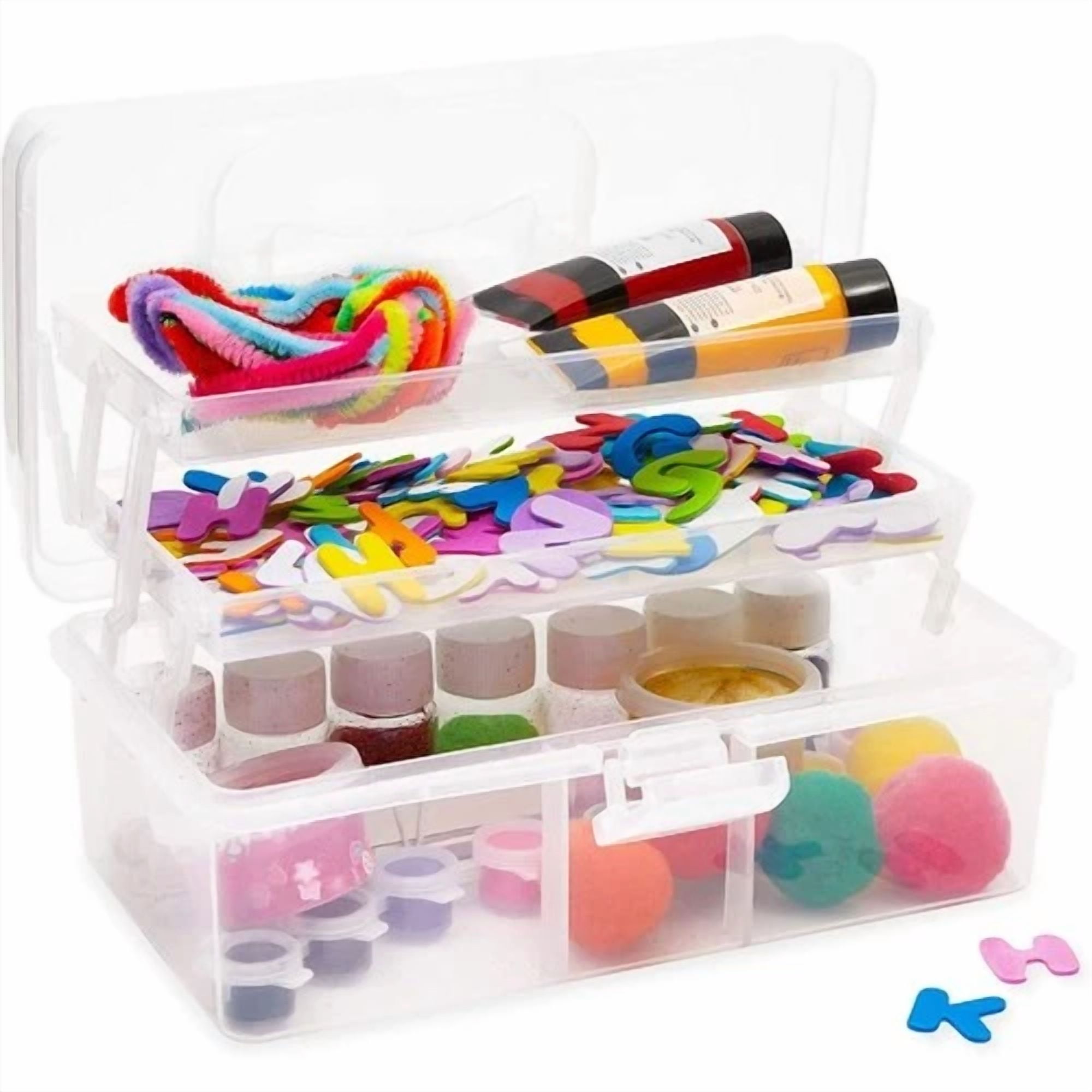 Art & Craft Storage Box With Handle, Plastic Sewing Organizer With 2 Trays