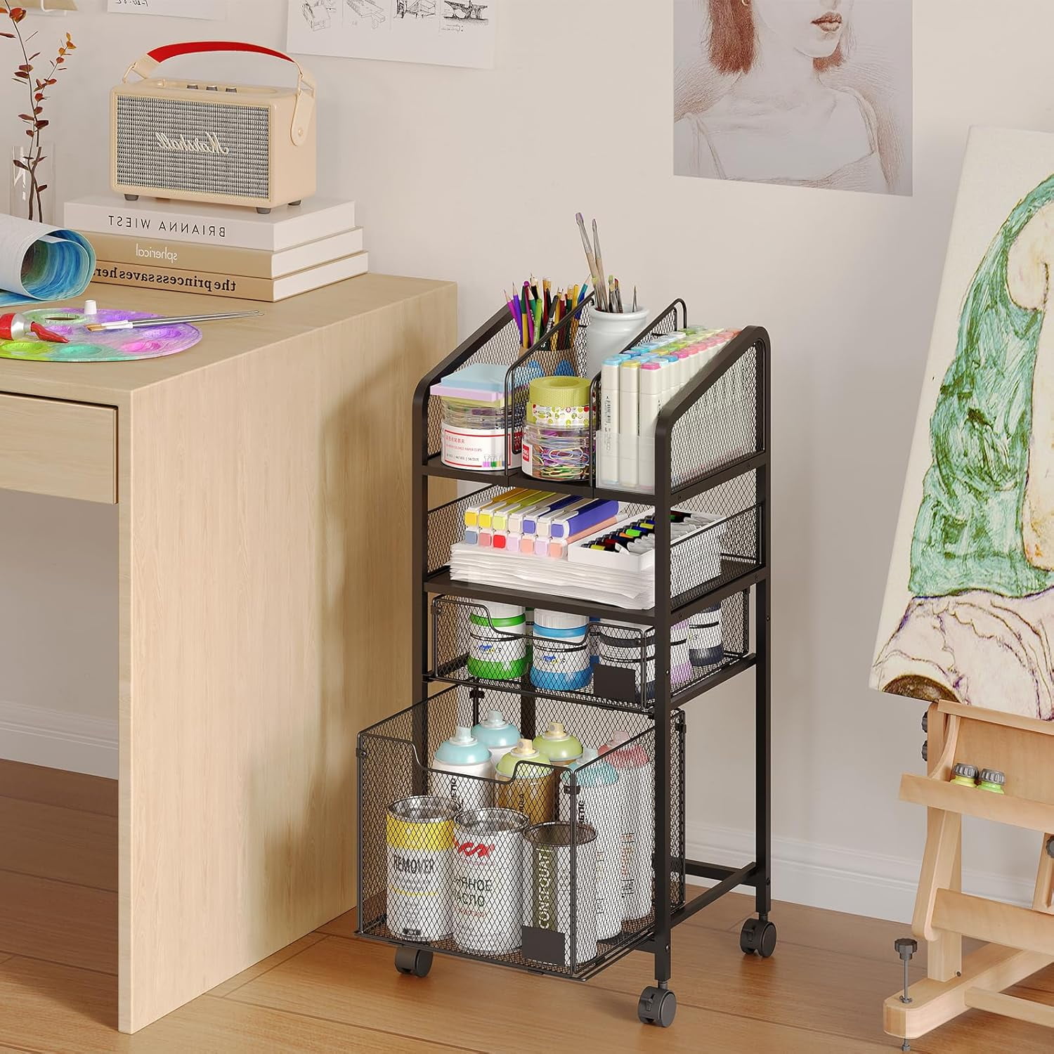 Art Craft Storage Organization Cart - 4-Tier Metal Rolling Cart with Lockable Wheels, Multifunctional Utility Cart with Drawers to Craft Art Supply Storage Organizer for Office,Craft Room