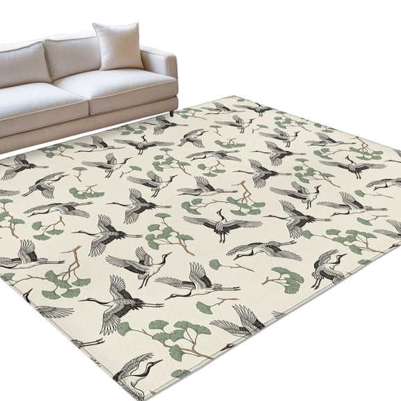 Art Crane Area Rugs 6x9ft Classic Grey Bird Motifs Green Branches Beige Background Floor Rug Non Slip Low Pile Ultra Soft Throw Carpet for Entryway Indoor Entrance Kitchen Bathroom