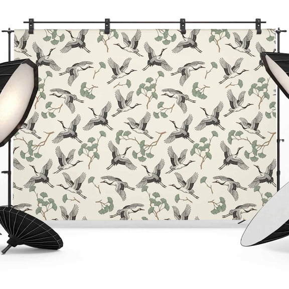 Art Crane Photography Backdrop 8x6FT, Classic Grey Bird Motifs Green Branches Beige Background Photo Backdrops, Background for Photography Studio Photo Studio Background, Back Drop for Photoshoot