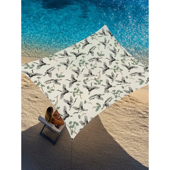 Art Crane Sun Shade Sail 12' x 16', Classic Grey Bird Motifs Green Branches Beige Background Rectangle Outdoor Sunshade Canopy, Waterproof UV Block Patio Covers for Garden Yard Beach