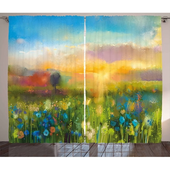 Ambesonne Art Curtains 2 Panel Set, Dandelion Blooms in Meadow, 108" x 96", Multicolor