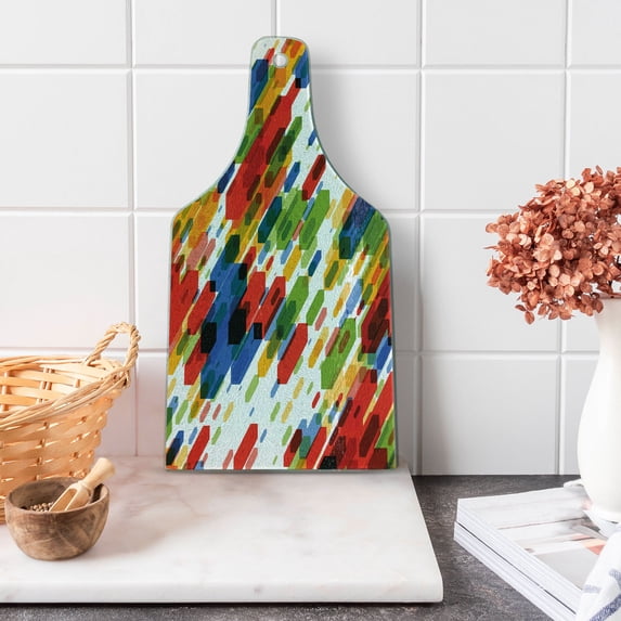Art Cutting Board, Diagonal Geometric Shapes Abstract Colorful Modern Design Vibrant Graphic Print, Decorative Tempered Glass Cutting and Serving Board, Wine Bottle Shape, Multicolor, by Ambesonne