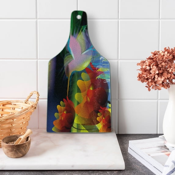 Art Cutting Board, Fantasy Digital Paint with a Bird Swallows Honey from Flower Stock Fractal Art, Decorative Tempered Glass Cutting and Serving Board, Wine Bottle Shape, Multicolor, by Ambesonne