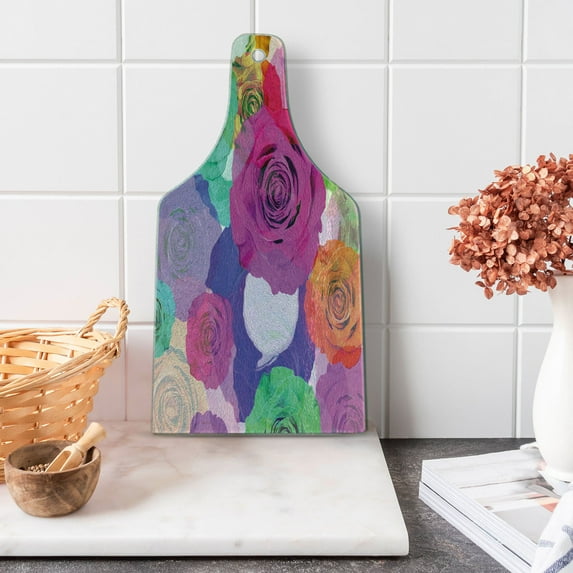 Art Cutting Board, Floral Arrangement with Vivid Roses Nature Flowers Botany Love Print, Decorative Tempered Glass Cutting and Serving Board, Wine Bottle Shape, Magenta Turquoise, by Ambesonne