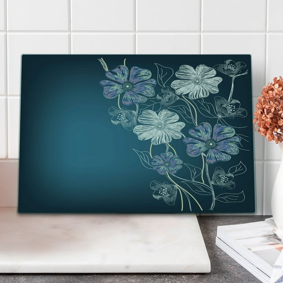 Art Cutting Board, Hand Drawn Cherry Blossoms Fantasy Bridal Garden Anniversary Theme, Decorative Tempered Glass Cutting and Serving Board, Large Size, Petrol Blue Lavender, by Ambesonne