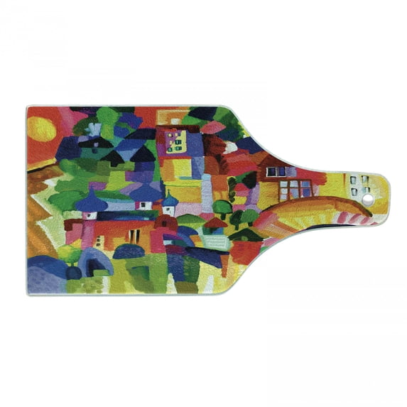 Art Cutting Board, Modern Vivid Abstract Architectural Buildings Urban Apartment Houses Village Landmark, Tempered Glass Cutting and Serving Board, Wine Bottle Shape, Multicolor, by Ambesonne