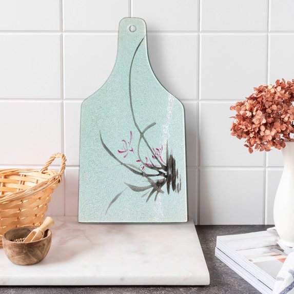 Art Cutting Board, Traditional Ink Orchid Flower Drawing Oriental Chinese Effects Themed Watercolor, Tempered Glass Cutting and Serving Board, Wine Bottle Shape, Brown and Pink, by Ambesonne