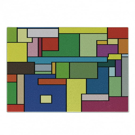 Art Cutting Board, Vivid Geometric Shapes Construct in Mondrianesque Manner Cubic Art Squares Lines, Decorative Tempered Glass Cutting and Serving Board, Small Size, Multicolor, by Ambesonne