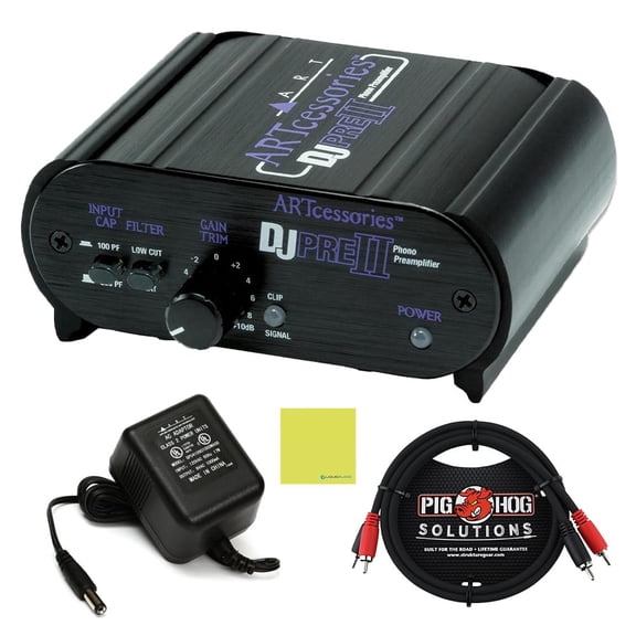 Art DJ PRE II Phono Preamp Bundle with Pig Hog Dual Cable RCA - RCA Cables 3ft and Liquid Audio Instrument Polishing Cloth - Phono Preamp for Turntable, Record Player