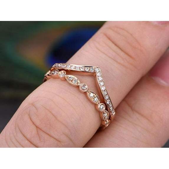 Art Deco 1.00 Carat 2 pcs Moissanite Diamond Wedding Ring Set Stacking Curved Design anniversary band set in Silver with 18k Rose Gold Plating