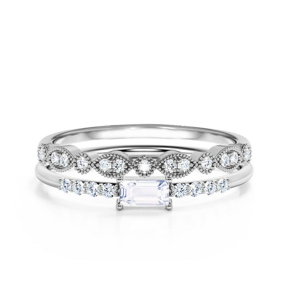 Art Deco 1.25 Carat Emerald Cut Diamond Moissanite Engagement Ring, Wedding Ring in 925 Sterling Silver With 18k White Gold Plating, Gift For Her, Bridal Set, Matching Band, Minimal Design