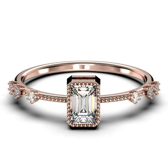 Art Deco 1.25 Carat Emerald Cut Diamond Moissanite Thin Engagement Ring, Slim Wedding Ring in 10k Solid Rose Gold, Gift For Her Gift For Wife, Holiday Gift, Promise Ring, Anniversary Ring