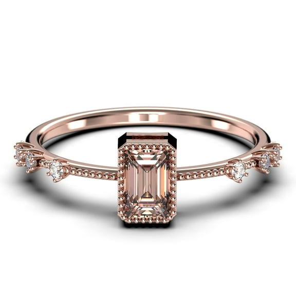 Art Deco 1.25 Carat Emerald Cut Morganite And Diamond Moissanite Thin Engagement Ring, Slim Wedding Ring in 10k Solid Rose Gold, Gift For Wife, Holiday Gift, Promise Ring, Anniversary Ring