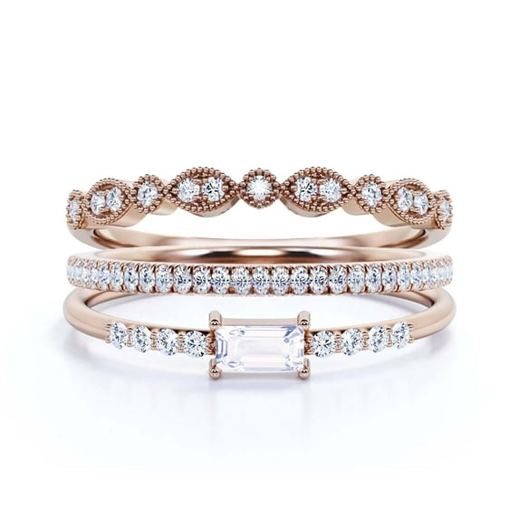 Art Deco 1.75 Carat Emerald Cut Diamond Moissanite Engagement Ring, Wedding Ring in 925 Sterling Silver With 18k Rose Gold Plating, Gift For Her, Promise Ring, Trio Rings Set, Minimal Design