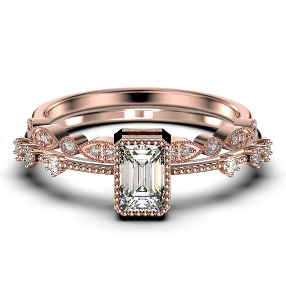 Bridal 1.75 Carat Emerald Cut Moissanite & Diamond Bridal Set in 10k Rose Gold