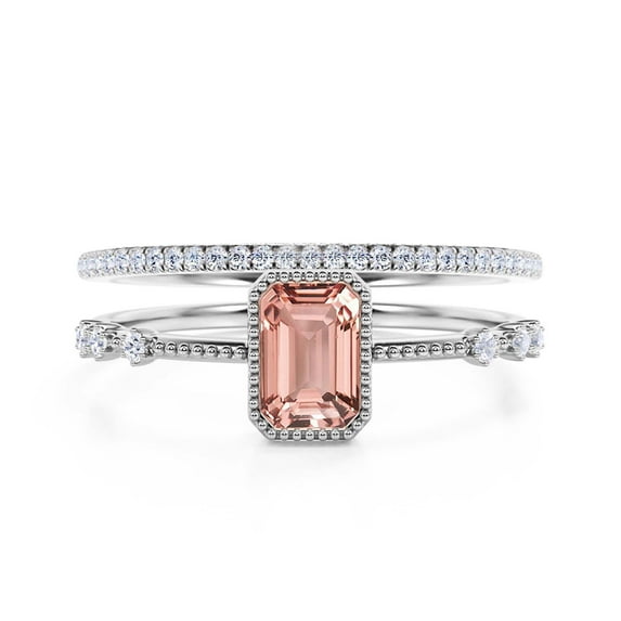 Art Deco 1.75 Carat Emerald Cut Morganite And Diamond Moissanite Thin Engagement Ring, Slim Wedding Ring in 10k Solid White Gold, Bridal Rings Set, Holiday Gift, Promise Ring, Anniversary Ring