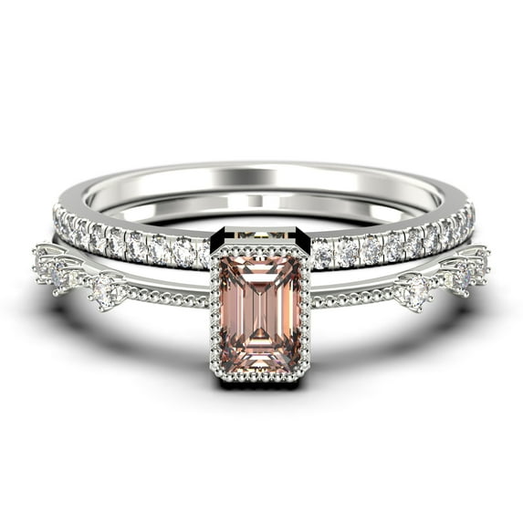 Art Deco 1.75 Carat Emerald Cut Morganite And Diamond Moissanite Thin Engagement Ring, Slim Wedding Ring in 10k Solid White Gold, Bridal Rings Set, Holiday Gift, Promise Ring, Anniversary Ring