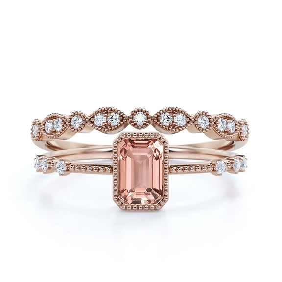 Art Deco 1.75 Carat Emerald Cut Morganite And Diamond Moissanite Thin Engagement Ring, Slim Wedding Ring In 10K Solid Rose Gold, Bridal Rings Set, Holiday Gift, Promise Ring, Anniversary Ring