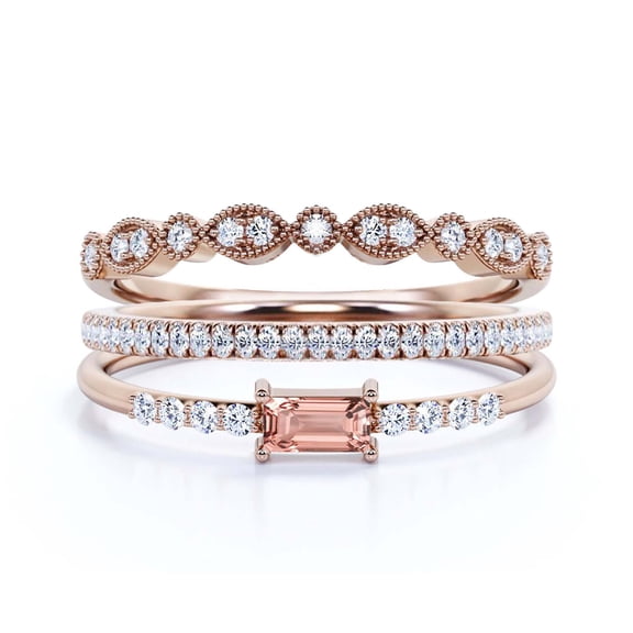 Trio 1.75 Carat Emerald Cut Morganite & Moissanite Bridal Set in 925 Sterling Silver with 18k Rose Gold Plating