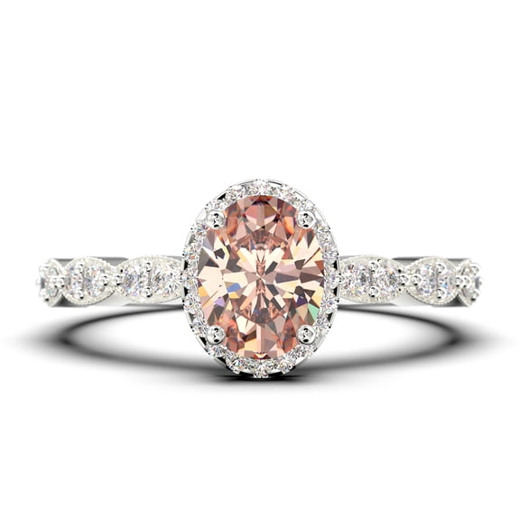 Art Deco 1.75 Carat Oval Cut Morganite And Diamond Moissanite Classic Engagement Ring, Halo Wedding Ring in 925 Sterling Silver With 18k White Gold Plating Gift For Her Gift For, Wife, Promise Ring