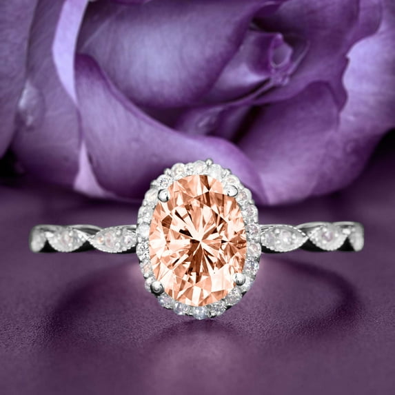 Art Deco 1.75 Carat Oval Cut Morganite And Diamond Moissanite Classic Engagement Ring, Halo Wedding Ring in 925 Sterling Silver With 18k White Gold Plating Gift For Her Gift For, Wife, Promise Ring