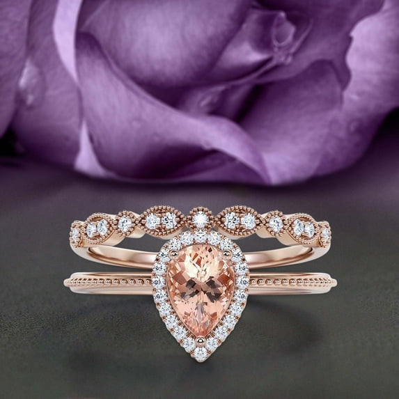 Art Deco 1.75 Carat Vintage Pear Cut Morganite And Diamond Moissanite Engagement Ring Set, Wedding Ring In 10K Solid Rose Gold, Gift For Her Promise Ring Anniversary Ring