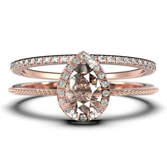 Art Deco 1.75 Carat Vintage Pear Cut Morganite And Diamond Moissanite Engagement Ring Set, Wedding Ring In 10K Solid Rose Gold, Gift For Her Promise Ring Anniversary Ring