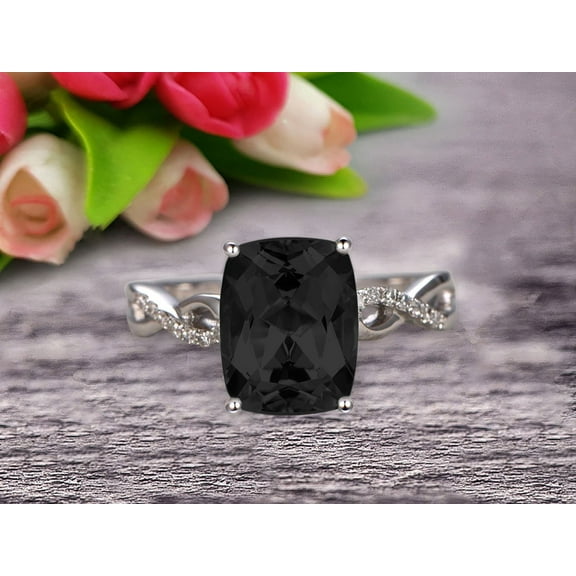 Art Deco 1.80 Carat Cushion Black Diamond Moissanite Engagement Ring on 10k White Gold