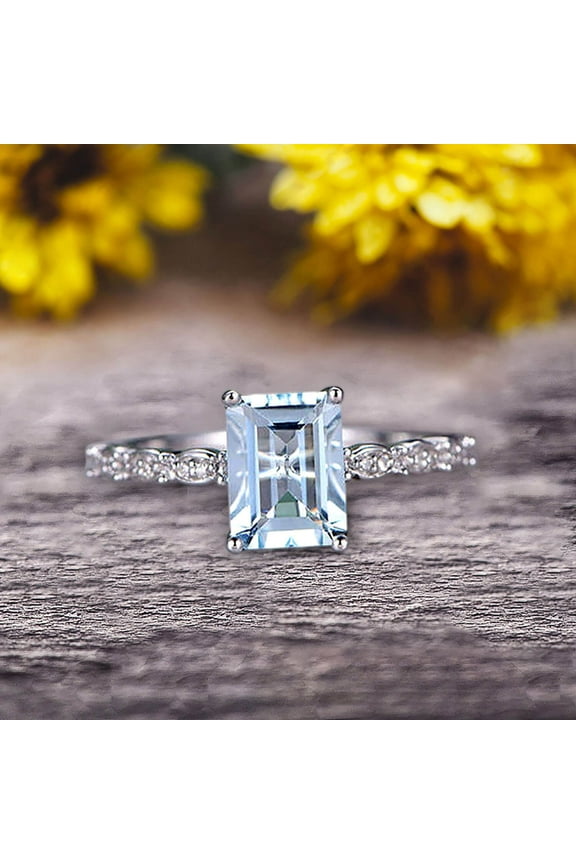 Art Deco 10k White Gold 1.25 Carat Emerald Cut Natural Aquamarine Engagement Ring Anniversary Gift