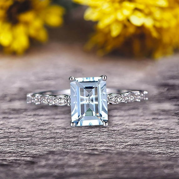 Art Deco 10k White Gold 1.50 Carat 7x5mm Emerald Cut Aquamarine Engagement Ring Anniversary Gift