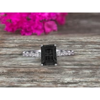 Art Deco 10k White Gold 1.50 Carat Emerald Cut Black Diamond Moissanite Engagement Ring Anniversary Gift