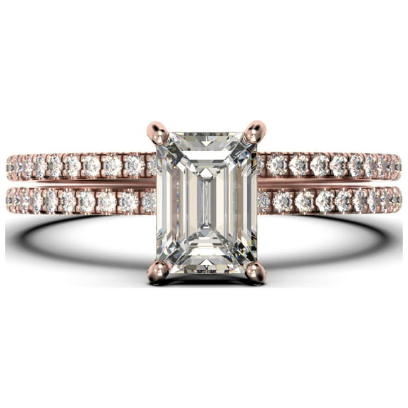 Art Deco 2.00 Carat Emerald Cut Diamond Moissanite Engagement Ring Set, Wedding Ring In 10K Solid Rose Gold, Feminine Gift, Promise Ring, Anniversary Gift