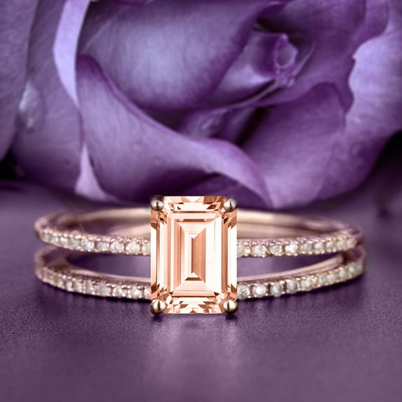 Art Deco 2.00 Carat Emerald Cut Morganite And Diamond Moissanite Engagement Ring Set, Wedding Ring In 10K Solid Rose Gold, Feminine Gift, Promise Ring, Anniversary Gift