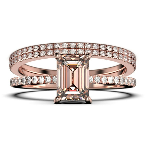 Art Deco 2.00 Carat Emerald Cut Morganite And Diamond Moissanite Engagement Ring Set, Wedding Ring In 925 Sterling Silver With 18K Rose Gold Plating Feminine Gift, Promise Ring, Anniversary Gift