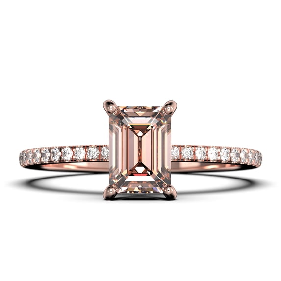 Art Deco 2.00 Carat Emerald Cut Morganite And Diamond Moissanite Engagement Ring Set, Wedding Ring In 925 Sterling Silver With 18K Rose Gold Plating Feminine Gift, Promise Ring, Anniversary Gift