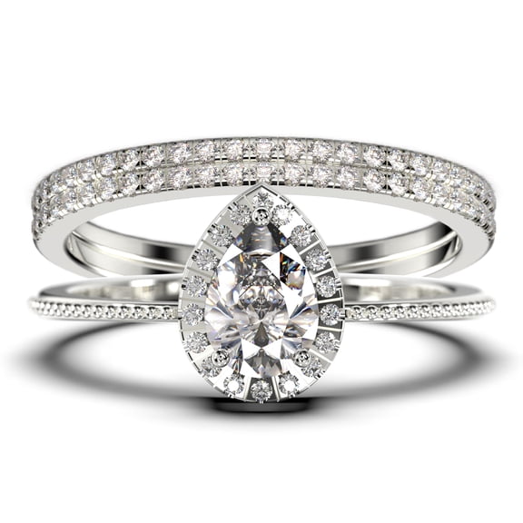Art Deco 2.00 Carat Vintage Pear Cut Diamond Moissanite Engagement Ring Set, Wedding Ring In 10K Solid White Gold, Gift For Her Promise Ring Trio Set