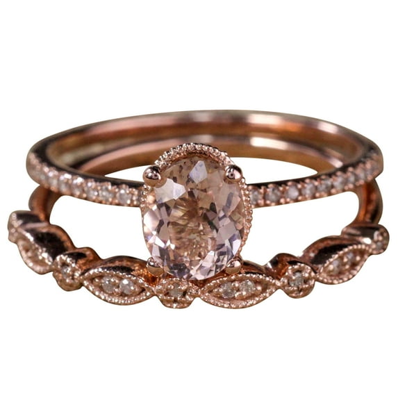 Art Deco 2.00 carat Oval cut Solitaire Morganite & Diamond Halo Bridal Wedding ring Set on Sale