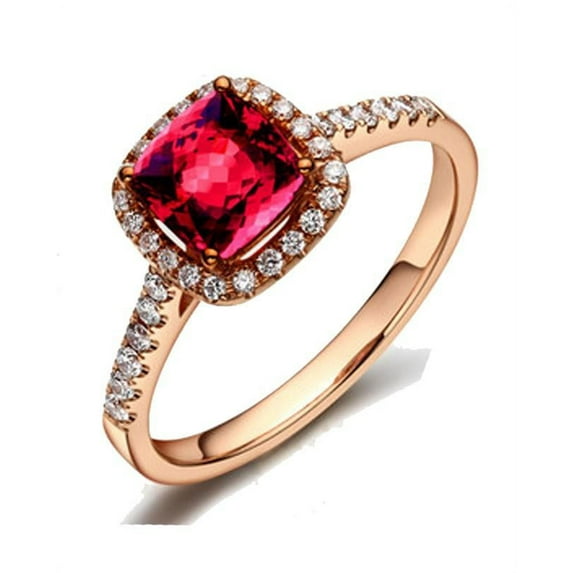 Art Deco 2.05 Carat 7mm Cushion Cut Red Ruby And Moissanite Diamond Antique Engagement Ring in 10k Rose Gold