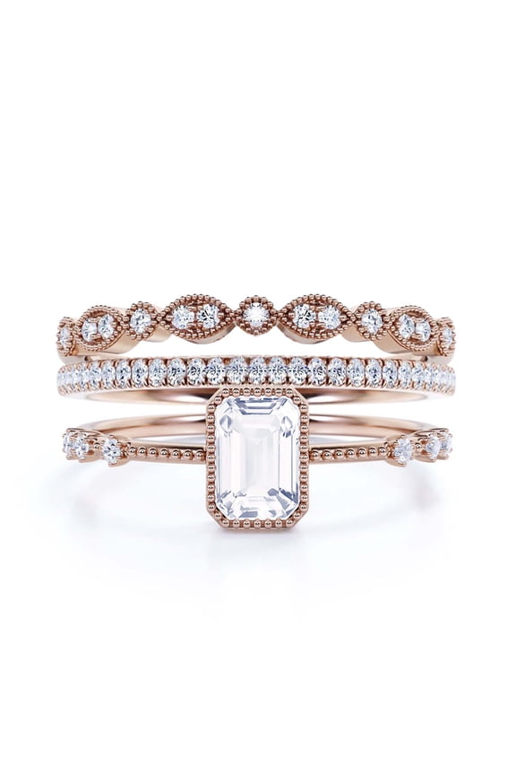 Art Deco 2.25 Carat Emerald Cut Diamond Moissanite Thin Engagement Ring, Slim Wedding Ring In 10K Solid Rose Gold, Gift For Her, Trio Rings Set, Holiday Gift, Promise Ring, Anniversary Ring