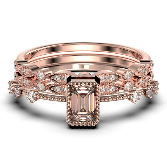 Art Deco 2.25 Carat Emerald Cut Morganite And Diamond Moissanite Thin Engagement Ring, Slim Wedding Ring in 10k Solid Rose Gold, Trio Rings Set, Holiday Gift, Promise Ring, Anniversary Ring