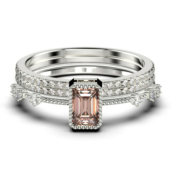 Art Deco 2.25 Carat Emerald Cut Morganite And Diamond Moissanite Thin Engagement Ring, Slim Wedding Ring in 10k Solid White Gold, Trio Rings Set, Holiday Gift, Promise Ring, Anniversary Ring