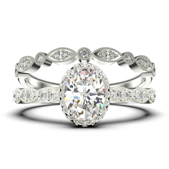 Art Deco 2.25 Carat Oval Cut Diamond Moissanite Classic Engagement Ring, Halo Wedding Ring in 10k Solid White Gold, Gift For Her, Wife Gift, Anniversary Ring, Bridal Set, Matching Band
