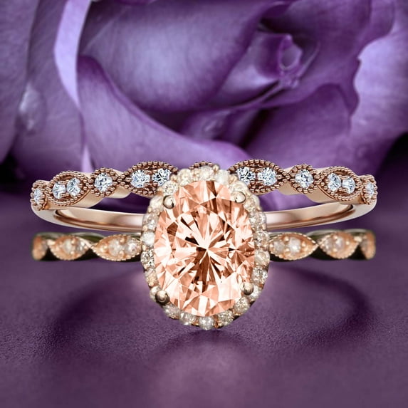 Art Deco 2.25 Carat Oval Cut Morganite And Diamond Moissanite Classic Engagement Ring, Halo Wedding Ring in 10k Solid Rose Gold, Gift For Her, Wife Gift, Anniversary Ring, Bridal Set, Matching Band