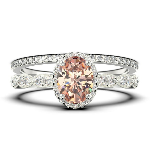 Art Deco 2.25 Carat Oval Cut Morganite And Diamond Moissanite Classic Engagement Ring, Halo Wedding Ring in 10k Solid White Gold, Gift For Her, Wife Gift, Anniversary Ring, Bridal Set, Matching Band