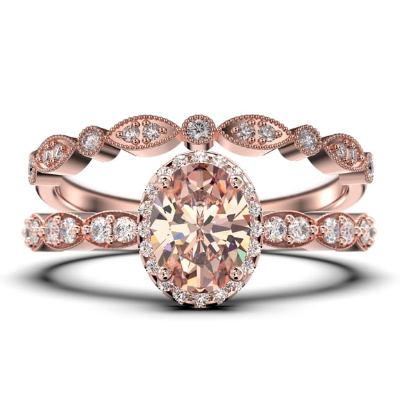 Art Deco 2.25 Carat Oval Cut Morganite And Diamond Moissanite Classic Engagement Ring, Halo Wedding Ring in 925 Sterling Silver With 18k Rose Gold Plating Gift For Her, Bridal Set, Matching Band