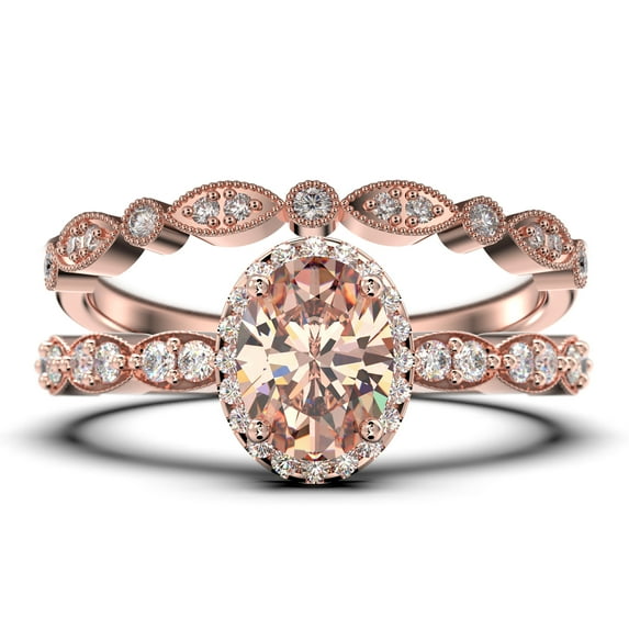 Art Deco 2.25 Carat Oval Cut Morganite And Diamond Moissanite Classic Engagement Ring, Halo Wedding Ring In 10K Solid Rose Gold, Gift For Her, Wife Gift, Anniversary Ring, Bridal Set, Matching Band